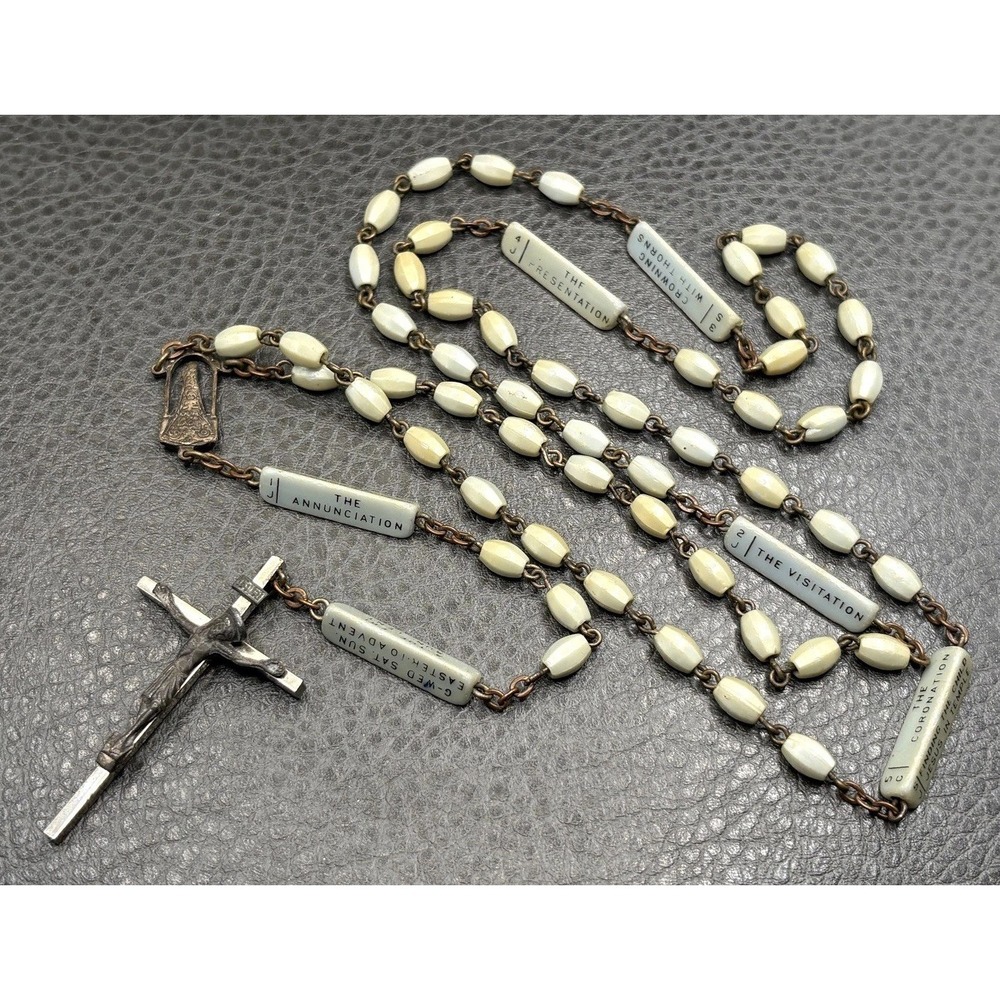 Vintage Rosary Lucite Beads Mysteries Learning Cross Crucifix Brass Tone 34"